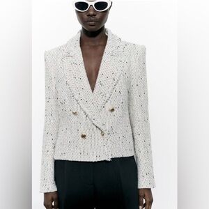 Zara Women’s White Tweed Double-Breasted Long Sleeve Blazer Gold Buttons Size S